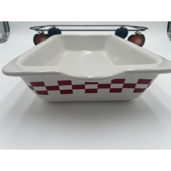 Vintage Ceramic Baking Dish With Rustic Apple Pattern & Metal Holder - Picture 4 of 5
